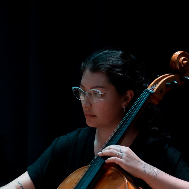 Dchenin bowing the cello, seen close